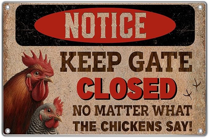 Notice Chicken Coop Sign Funny Outdoor Farm Decor Keep Gate Closed No Matter What The Chickens Say Metal 12 x 8 Inch Rustic Style Easy To Hang Home Metal Wall Kitchen Art