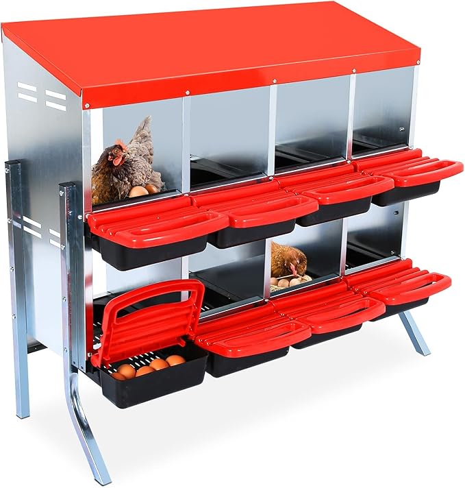 GarveeHome 2-Tier Chicken Nesting Box, 8 Compartment Metal Chicken Laying Boxes with Waterproof Roof ＆ Removable Trays for Hens, Poultry，Easy Egg Collection