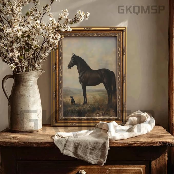 Vintage Gold Framed Horse Wall Art Horse and Dog Canvas Wall Decor Retro Rustic Farmhouse Animal Picture Rustic Horses Poster Artwork for Home Living Bedroom Farmhouse Hallway 16x24in