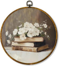 Hiuwevt Vintage White Floral Book Round Wall Art Decor, Neutral Shabby Chic Books Hanging Canvas Prints Artwork Framed, Rustic Bookish Circular Wall Decor for Library Reading Nook Room, 10x10 Inch