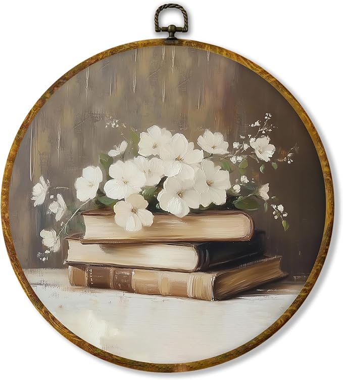 Hiuwevt Vintage White Floral Book Round Wall Art Decor, Neutral Shabby Chic Books Hanging Canvas Prints Artwork Framed, Rustic Bookish Circular Wall Decor for Library Reading Nook Room, 10x10 Inch