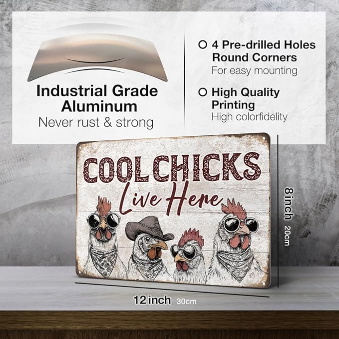Heuhuww Chicken Coop Decor Cool Chicks Live Here Tin Sign for Farm Home Chicken Coop Vintage Rooster Decor 12" x 8"(H3)