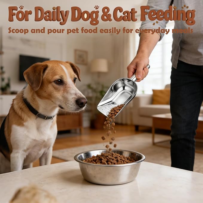 BABORUI Dog Food Scoop Stainless Steel with 1, 3/4, 1/2, 1/4 Cup Measurement, Pet Food Measuring Scoop for Dry and Wet Pet Food, Daily Metal Precision Feeding Tool for Dogs Cats
