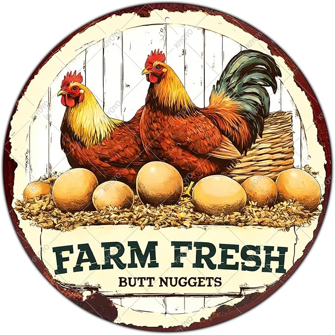 Antique Farm Fresh Eggs Metal Tin Sign Rustic Chicken Coop Decor Vintage Round Wall Art For Farmhouse Kitchen Outdoor Patio Retro Plaque 8 Inch