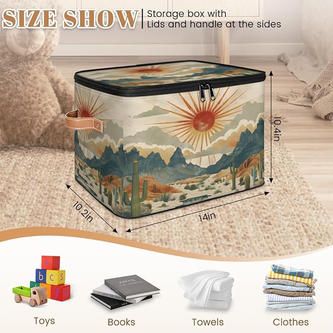 Cactus Storage Bins with Lids, Desert Sunset Fabric Storage Boxes with Zipper, Collapsible Decorative Closet Organizer Cube for Clothes, Organizing, Shelves