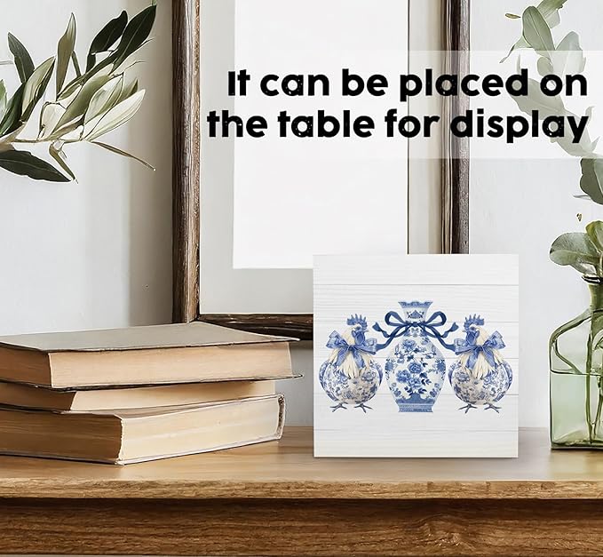 Blue And White Chinoiserie Chicken Wooden Signs,Grand Millenial Bow Blue Floral Chicken Home Decor Signs,Porcelain Chinoiserie Desk Decorations,Farmhouse Animal Office Kitchen Decor