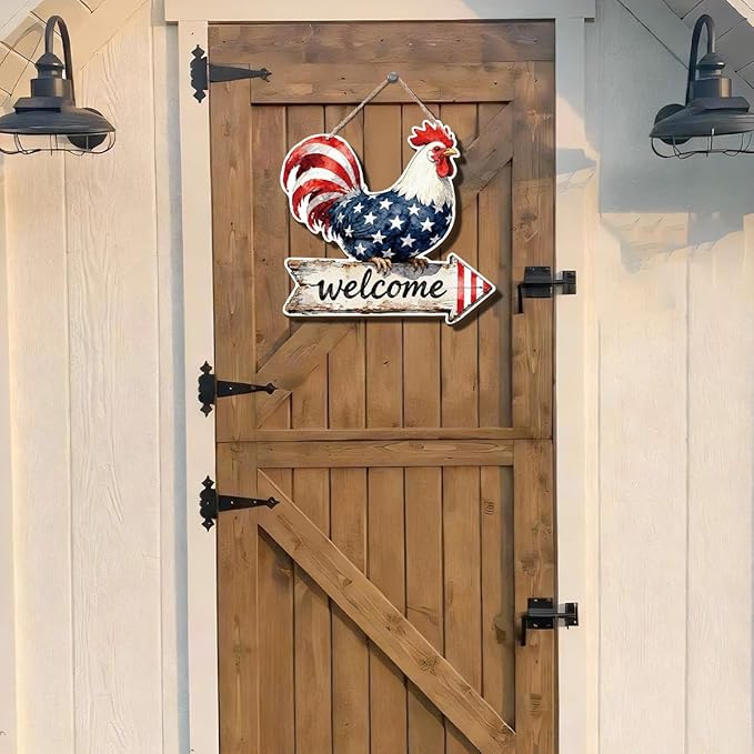 Independence Day Decor, American Flag Rooster Welcome Signs, Hanging Wood Sign Home Decorative, Printed Wood Wall Art Signs, Welcome Sign for Front Door, Farmhouse Porch Decor, 10x9.8 Inches