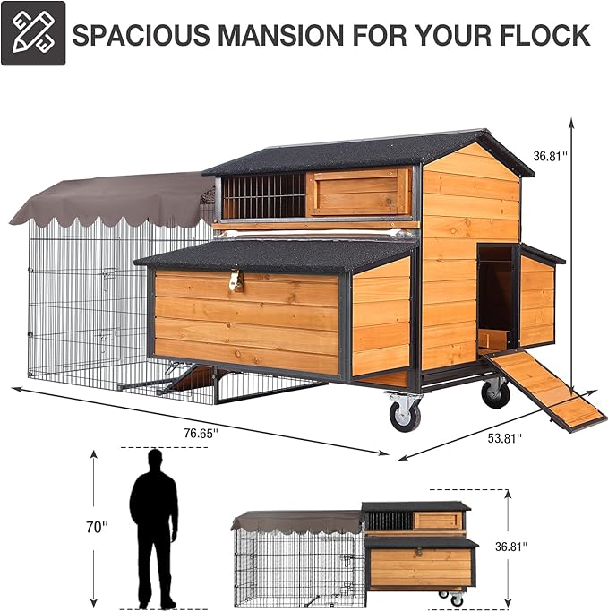 Heavy Duty Chicken Coop for 3-6 Chickens – Reinforced Metal Frame & Spacious Run with 6 Nesting Boxes, 7 Doors, Wheels – Outdoor Poultry House for Ducks, Rabbits (76.6”L x 53.8”W x 36.8”H)