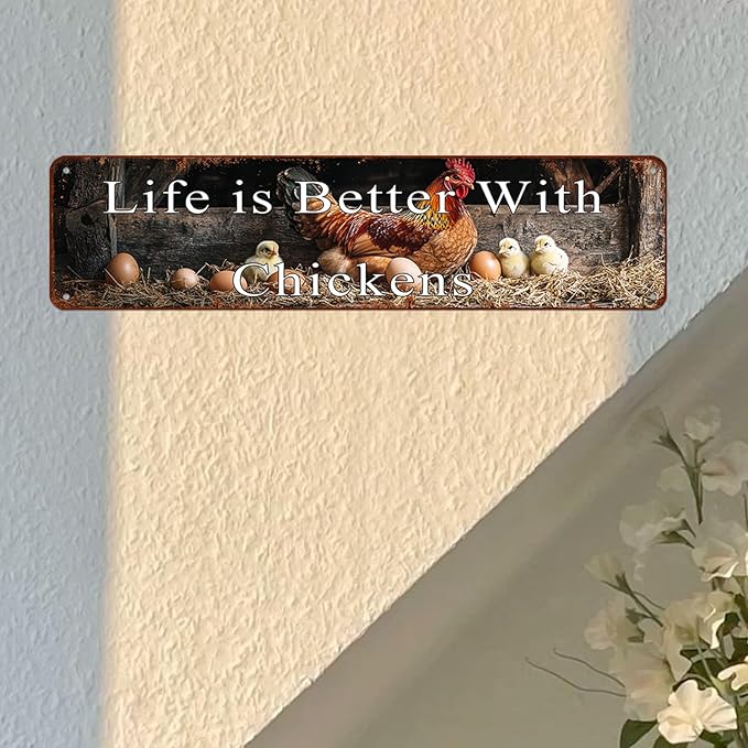Chicken Coop Metal Tin Sign Kitchen Wall Art Decor Door Hanging Farm Signs Life Is Better With Chickens Sign Chicken Coop Accessories Garden Tin Sign Chickens Decorations For Home 4x16 Inch