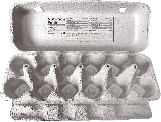 Blank 12-Egg Flat Top Paper Pulp Egg Carton with Nutrition Facts, Safe Handling Info, Optional UPC - 50 Pack
