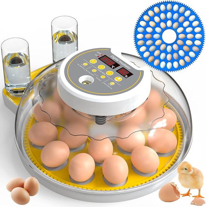 18/60 Incubator for Hatching Eggs, Egg Incubators with Humidity Display, Egg Candler, Automatic Egg Turner, Poultry Egg Incubator for Hatching Chicken Duck Bird Quails- Yellow 2 Egg Trays
