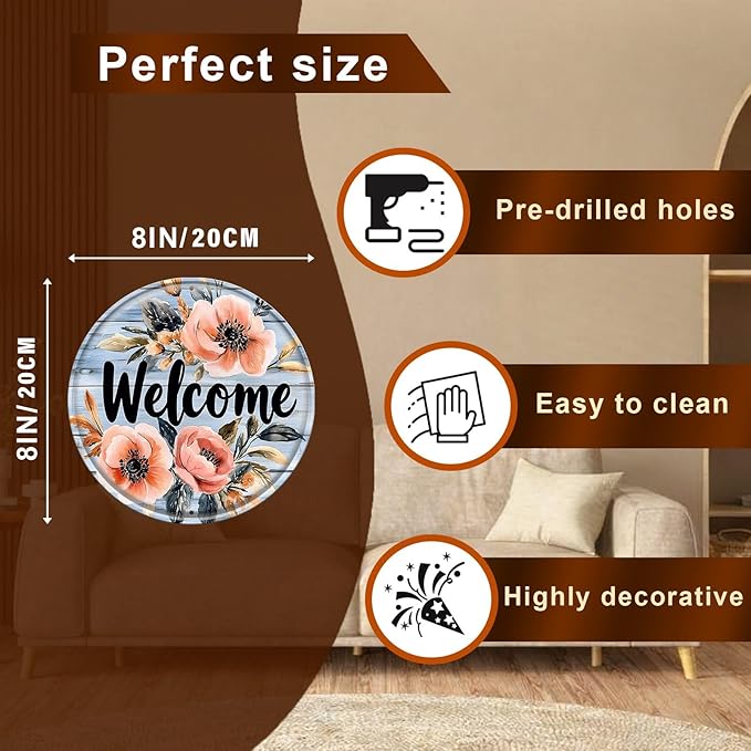Round Welcome Aluminum Metal Tin Sign Wreath Vintage Farmhouse Wall Decor for Kitchen Backyard Home Outdoor Porch Gate 8x8inch