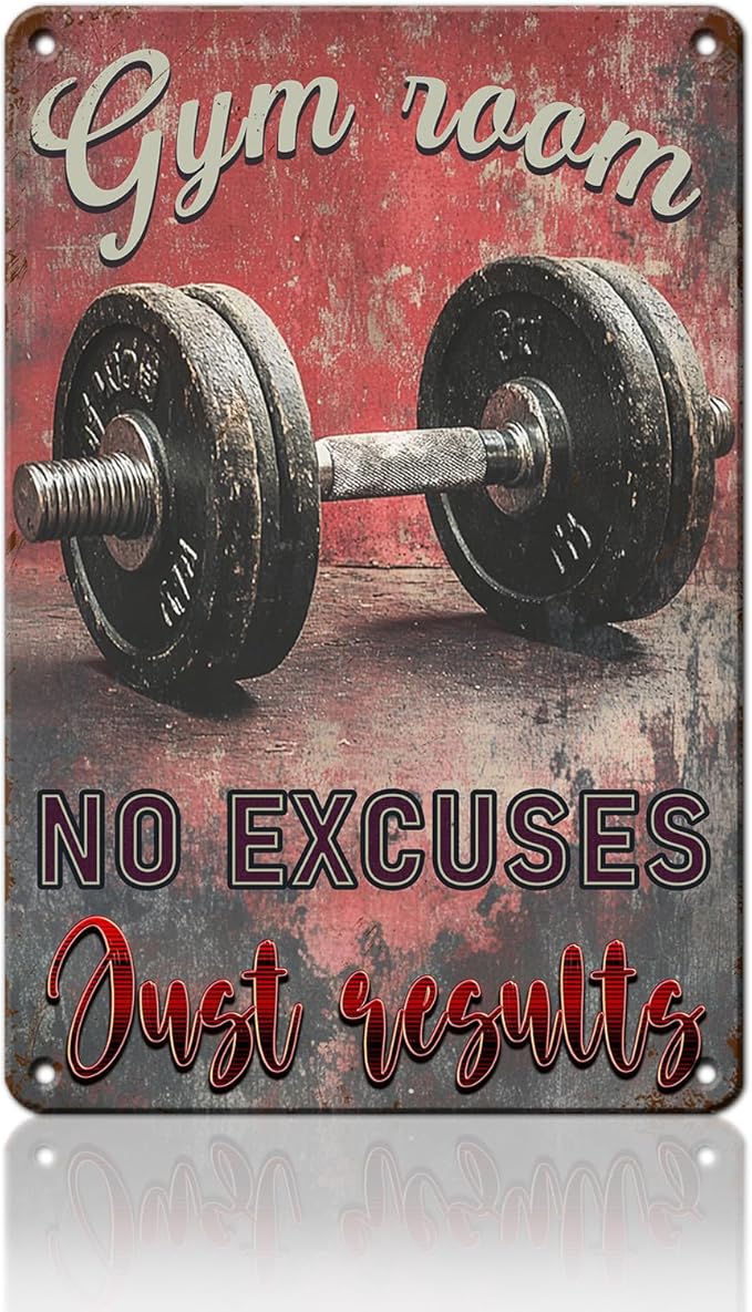PEACHGARDEN No Excuses Just Results Gym Wall Art Vintage Tin Sign Poster for Home Gym Weightlifting Dumbbell Fitness Decor 8x12inch