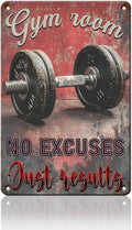 PEACHGARDEN No Excuses Just Results Gym Wall Art Vintage Tin Sign Poster for Home Gym Weightlifting Dumbbell Fitness Decor 8x12inch