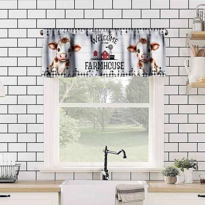 Farmhouse Animal Valance Curtains Watercolor Cute Cow Wooden Board Black White Buffalo Check Art Print Rod Pocket Curtain Valance for Kitchen Bedroom Living Room Decor 1 Panel W54xL18 Inch