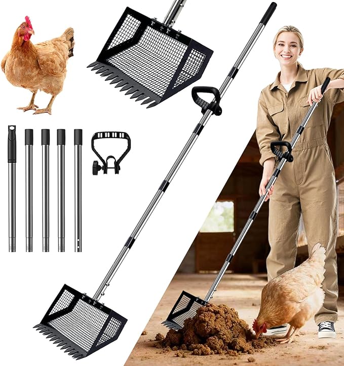 Chicken Coop Scoop (22 to 75") Chicken Coop Rake and Scoop with Grip 5 Section Extra Long Handle Chicken Pooper Scooper for Sand Metal Chicken Cleaning Tools Livestock Rake(10Inch Black)