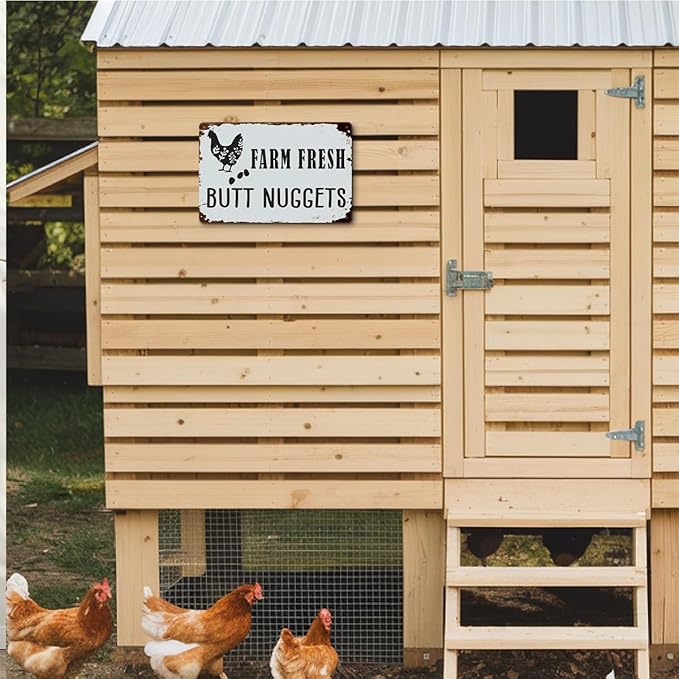 Funny Chicken Gifts for Women, Farm Fresh Butt Nuggets Aluminium Plate Signs, Humorous Chicken Decor for Home Farmhouse Coop Kitchen, Rustic Wall Art Decorations 8 X 12 Inch