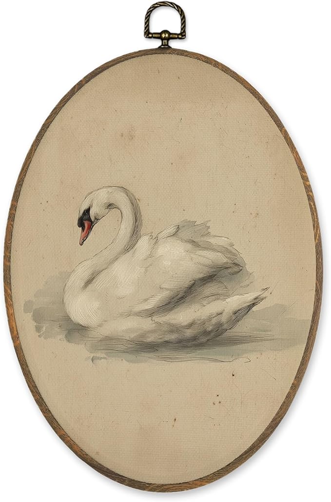 LKETW Vintage Swan Oval Wall Art Decor, Antique Elegant Swan Oval Canvas Hanging Decor, Retro Classical Animal Aesthetic Wall Decorations for Home Bedroom Living Room, 8.6x11.4 Inch