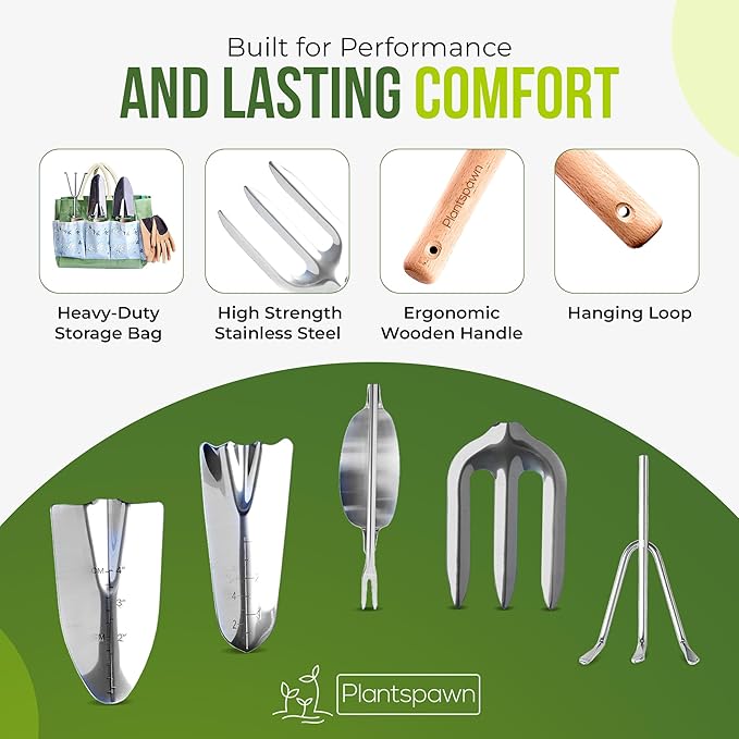 9 PCS Gardening Tools Set with Bag | Heavy-Duty Rust-Proof Hand Tools with Wooden Handles Including 15 Plant Tags | Ideal Gift for Women, Men, Mom, Dad & Gardeners