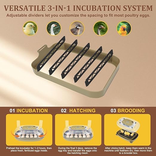 3rd Gen - 24 Egg Automatic Incubator, Stage-Based Adaptive Humidity with Auto-Refill, Stable Temp Control, Flexible Spacing, Adjustable Auto Turning & Lockdown, Custom Incubation Days, Candler, Alarm