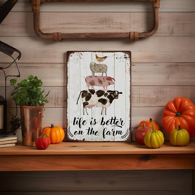 Rustic Farm Animals Metal Sign Vintage Style Life is Better on the Farm Wall Decor for Farmhouse Gift 12x8 Inches