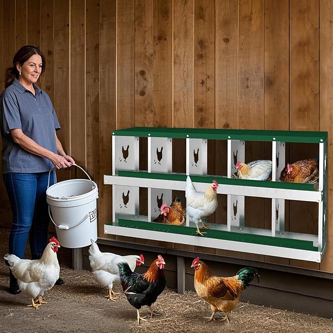 Chicken Nesting Box, Heavy-Duty Metal Chickens Laying Boxes with 10 Compartments, Large Vented Holes Hens Laying Box, Chicken Coop with Rollout Egg Collection, Wall Mount - Green