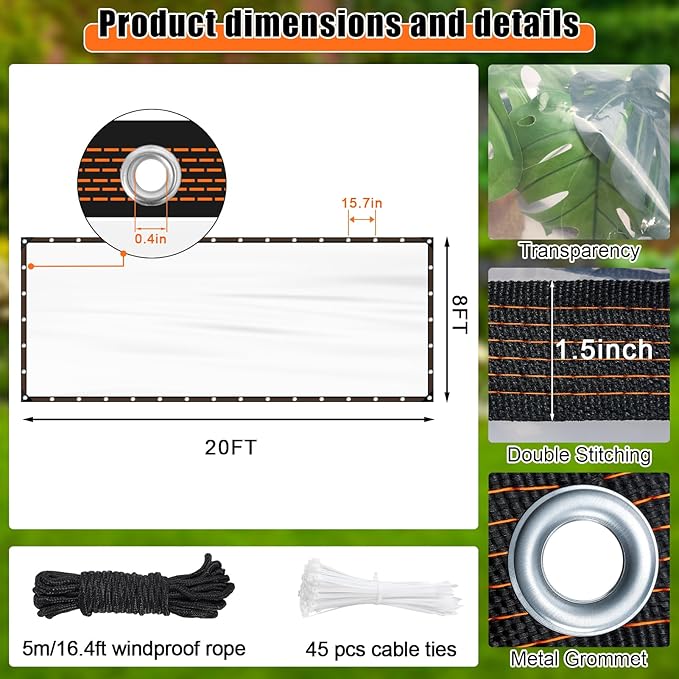 ZYP 8x20 FT Heavy Duty Clear Waterproof Tarps Outdoor Garden Rainproof Covering,Clear Vinyl Tarp with Grommets,Transparent Waterproof Tarpaulin for Covering Henhouse Porch Canopy Plant Camping