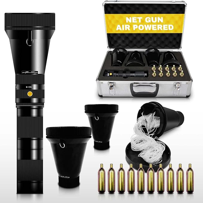 Net Gun Air-Powered with 4 Pre-Loaded Nets, Metal Carrying Case, Compatible with 10 * 16g CO2 Cartridges – Versatile Capture Tool for Wildlife and Security Use