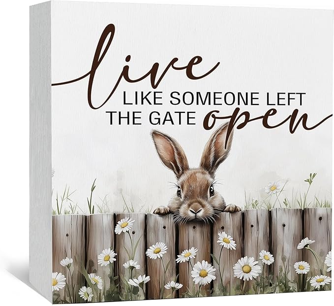 Farmhouse Rabbit Sign - Farmhouse Cottagecore Animal Office Kitchen Bedroom Decor,Rustic Farm Live like Someone Left the Gate Open Home Decor Signs,Duck Gifts for Women 8x8