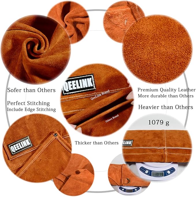 QeeLink Leather Welding Work Apron with 6 Tool Pockets, Heat & Flame Resistant Welder Aprons, 24" x 36", Adjustable M to XXXL