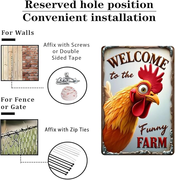 FunnySign Chicken Gifts Rooster Décor Welcome To The Funny Farm Rustic Tin Sign For Home Farm Chicken Coop Decor 8x12 Inch (9707)