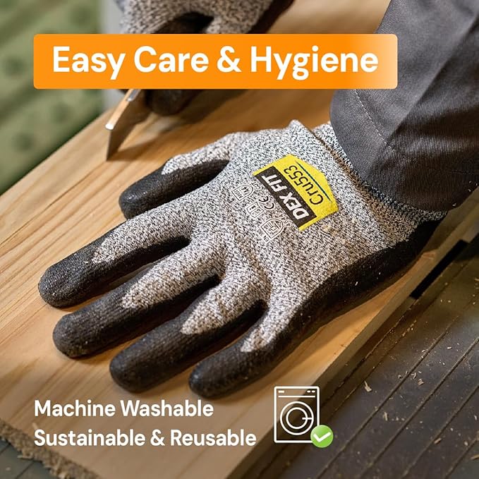 DEX FIT Level 5 Cut Resistant Gloves Cru553, 3D-Comfort Stretchy Fit, Power Grip, Professional Grade, Thin, Touch-Screen Compatible, Durable, Machine Washable; Black Gray M (8) 12 Pairs