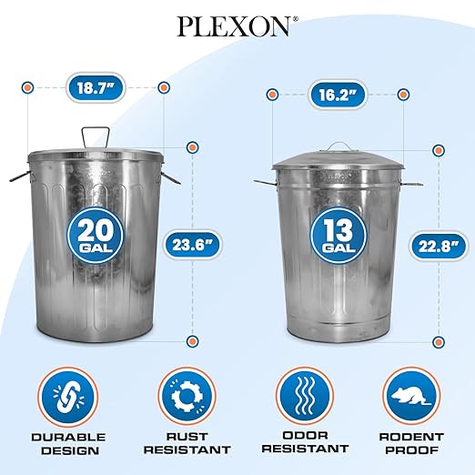 Plexon 20 Gallon Metal Trash Can and 13 Gallon Metal Trash Can with Lids Outdoor Garbage Cans Heavy Duty Green Powder Coated Buckets with Lids for Garage Workshop Storage Bin, Bundle