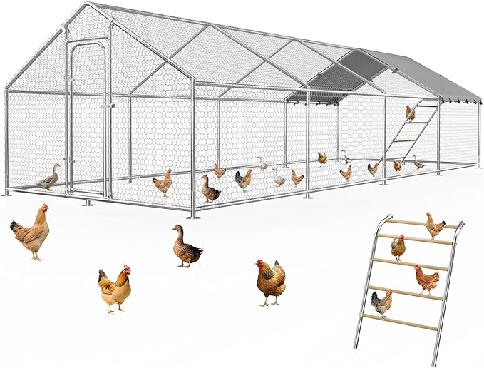 Chicken Coop Large Metal Chicken Run Poultry Cage with Water-Resident and Anti-UV Cover for Duck Rabbit House Outdoor,Spire Roof(314.96×118.11×77.95 in)