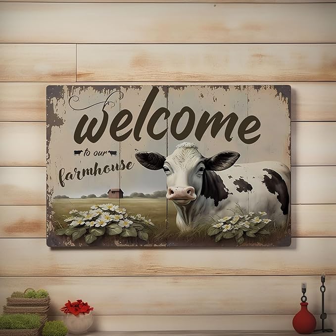 Rustic Farm Welcome Metal Sign Vintage Style Wall Decor for Farmhouse Gift 12x8 Inches