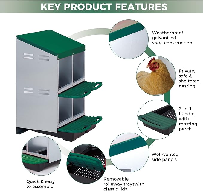Chicken Nesting Boxes with Cleanable Pull-Out Trays, 4-Hole Wall Mount Roll Away Nest for Easy Cleaning & Egg Collection