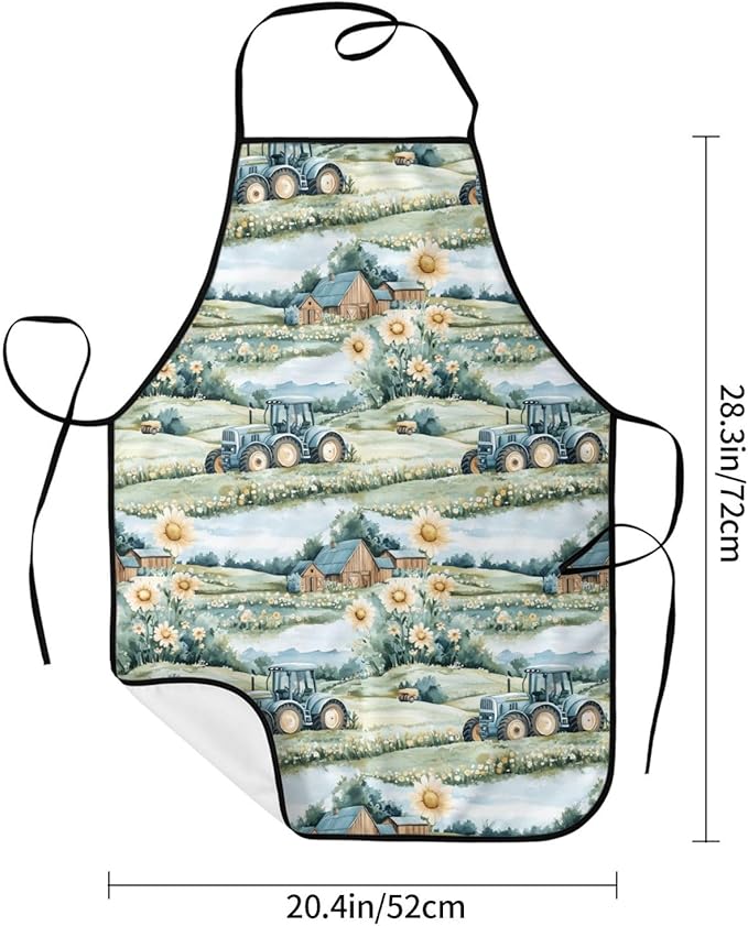 Chef Aprons for Men and Women - Country Sunflower Tractor Print Oil-Resistant Bib Aprons for Cooking or Kitchen Grilling BBQ