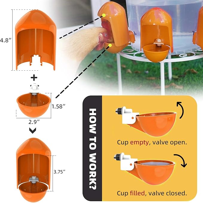 Chicken Waterer Cups Automatic (5 Pack), 2.9’’ Large Poultry Waterer Cups with Anti-Dirt Cover, Suitable for Chicks, Quail, Duck, Goose, Turkey, Rabbit and Bunny - (Orange)