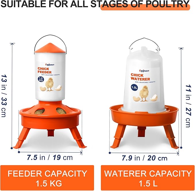 Chick Feeder and Waterer Kit, Top Fill 1.5kg Chick Feeder and 1.5L Chick Waterer with 3 Adjustable Heights