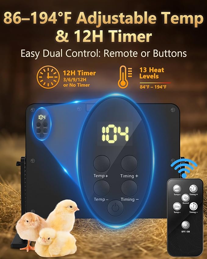 Chick Brooder Heating Plate with 86–194℉ Adjustable Temp, 12H Timer, Adjustable Height & Angle, 200W Rapid Heating Brooder Heater with Remote, 16"x12" Fits 30 Chicks, Ideal for Ducklings, Quail