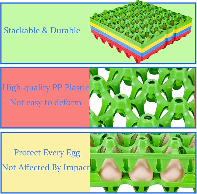 12 Pack Plastic Egg Tray 30 Cell Egg Crates Egg Flats Stackable Egg Carton for Home, Chicken Farmers, Storing, Sorting, and Shipping Eggs, Holds Multiple Eggs, 4 Colors