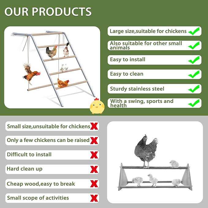 Chicken Perch for Coop with Swing & Roosting Bars, Ladder - Perfect for Backyard Poultry - Easy Installation & Cleaning (55'' L x 41'' W)