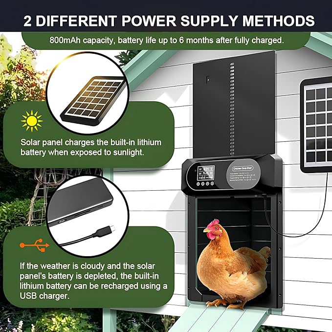 Large Size Automatic Chicken Coop Door Solar Powered,15.9"H x 12"L x 2.28"W,Aluminum Alloy Chicken Door with LCD Display,Timer & Light Sensor,4 Control Modes,Anti-Pinch Coop Door with Remote Control