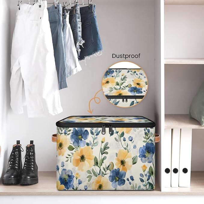 Watercolor Wildflowers Storage Bins with Lids, Blue Yellow Floral Fabric Storage Boxes with Zipper, Collapsible Decorative Closet Organizer Cube for Clothes, Organizing, Shelves