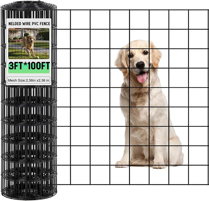 Gisafai Galvanized Welded Wire Fence 3 ft X 100 ft for Dog Chicken Hog Deer Goat Cattle 16GA Garden Border PVC Coated Fencing Roll Border Yard Vegetable Plant Animals Protection Poultry Netting(Black)