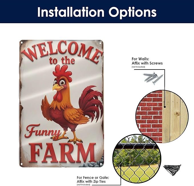 Welcome to The Funny Farm Aluminum Sign Humorous Chicken Coop Sign Rustic Farmhouse Welcome Sign for Backyard Flock 8x12 Inches Outdoor Metal Decor Style-03