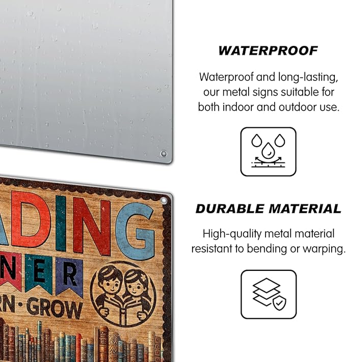 Vintage Metal Reading Corner Sign Learn Grow Book Lover Wall Art 12 x 8 Inch Educational Decor For Home Library Classroom And Kids Space Metal Kitchen