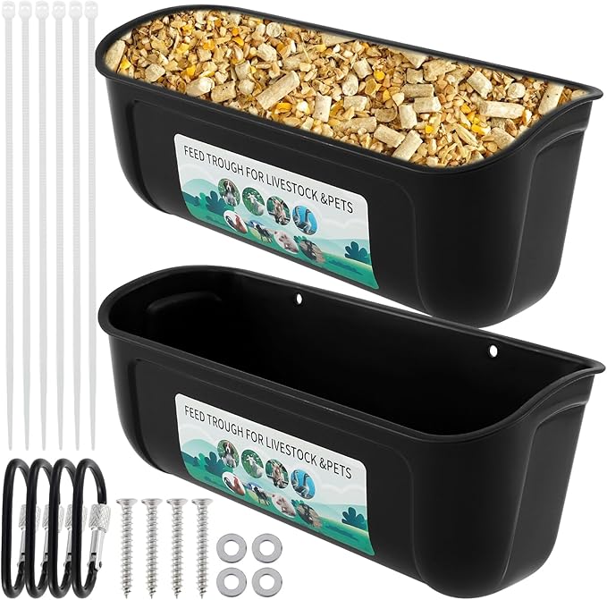 2Pcs Chicken Feeder Hanging Goat Feeder Hanging Feed Trough BPA Free Chicken Feeder Easy to Install Poultry Feeder Poultry Feeding Container Water Bucket for Chicken Duck Goat (Black)