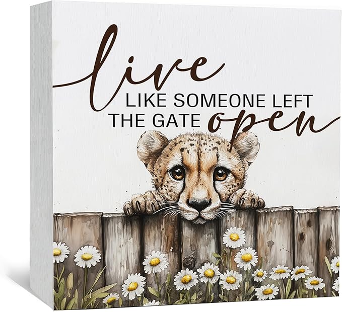 Nursery Cheetah Wooden Box Sign, Cute Live Like Someone Left the Gate Open Wooden Signs for Home Decor,Funny Animal Kitchen Bedroom Decor,Cheetah Gifts for Kids Boys Girls, 5x5