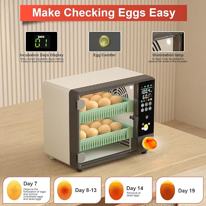 Incubators for Hatching 24 Eggs, Egg Incubator Automatic Egg Turner, Ultrasonic Atomized Humidifier, Chicken Incubator Temperature Control with 5 Automatic Incubation Modes, Auto Day Count